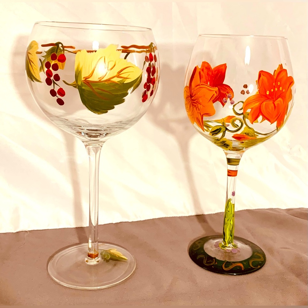 (Set of 2) 1 Hock Hand Painted Wine Glass Goblets 🍷